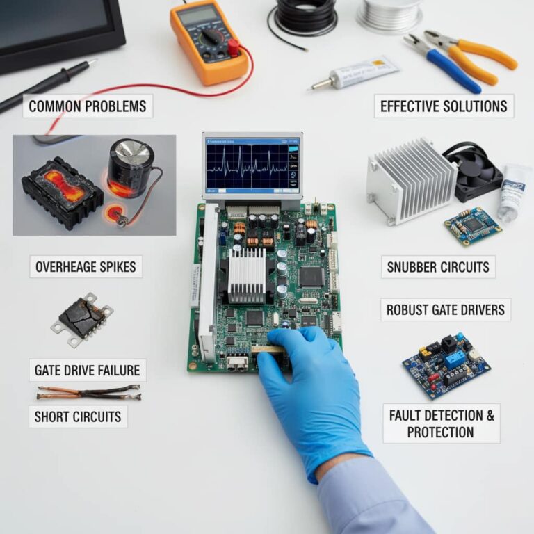 مشکلات IGBT در اینورترها: ولتاژ اضافی، دمای زیاد، اتصال کوتاه، با راهکارهای عیب‌یابی.