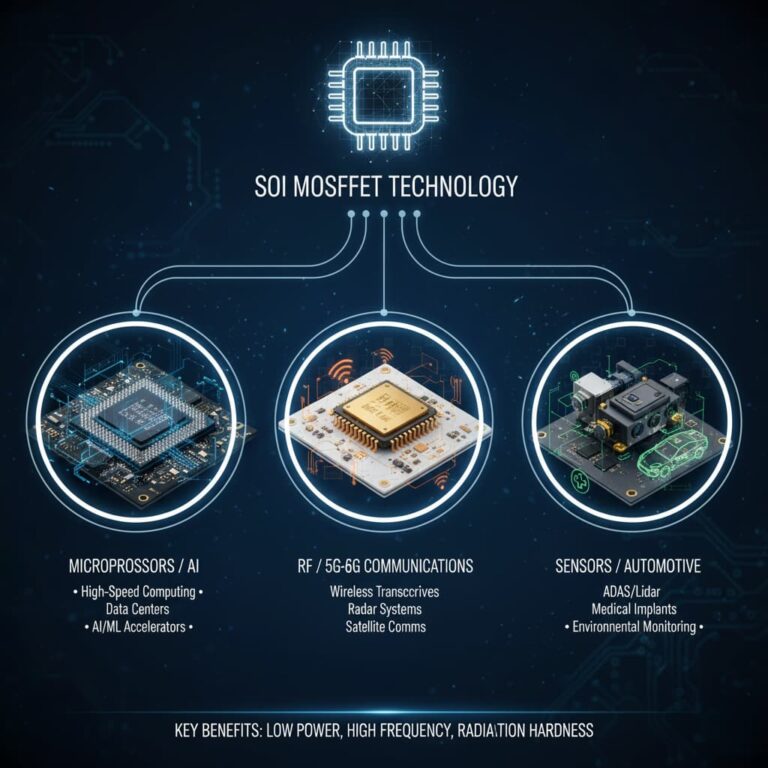 کاربردهای صنعتی SOI MOSFET شامل تراشه‌های رادیویی فرکانس بالا و ریزپردازنده‌ها است.