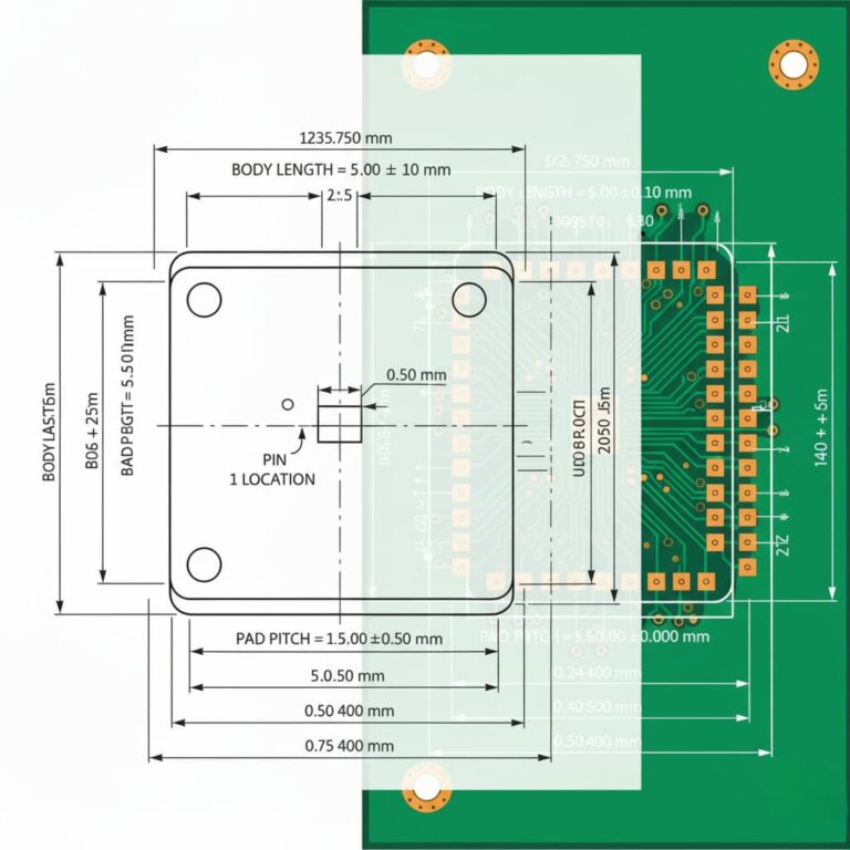 نمودار ابعاد بسته‌بندی قطعه، شامل پدها و مکان پایه ۱ برای طراحی PCB.