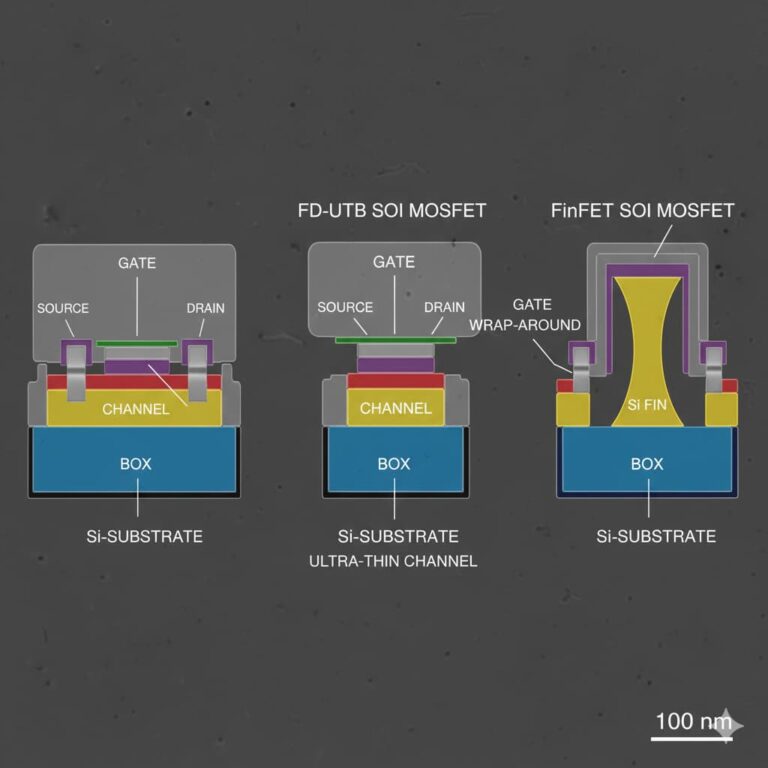 تصویر شماتیک انواع SOI MOSFET شامل FD-UTB، FinFET و ساختارهای سنتی.