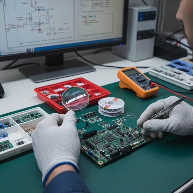 تکنسین در حال بررسی قطعات الکترونیکی روی برد با ذره‌بین برای مونتاژ دقیق و باکیفیت.