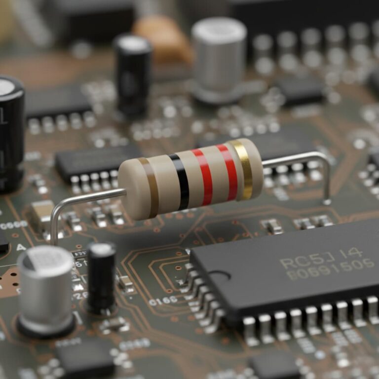 مقاومت کربنی رنگی (Carbon Resistor) نصب شده روی برد مدار چاپی الکترونیکی.