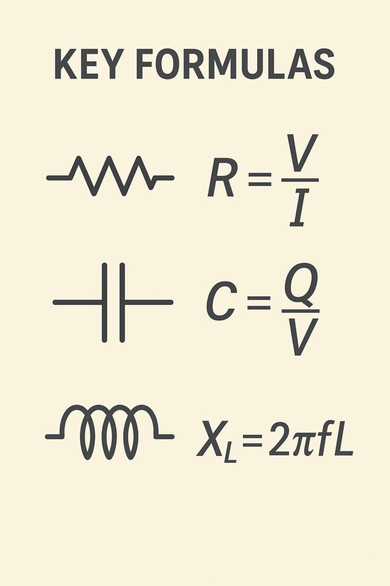 فرمول‌های کلیدی مقاومت، خازن و سلف همراه با نمادهای مدار الکتریکی انگلیسی.