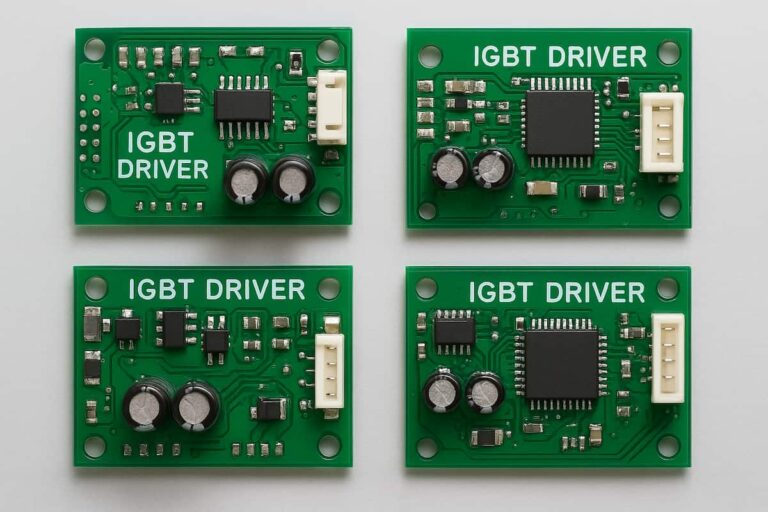 نمای نزدیک از چهار نوع درایور IGBT روی برد سبز الکترونیکی صنعتی