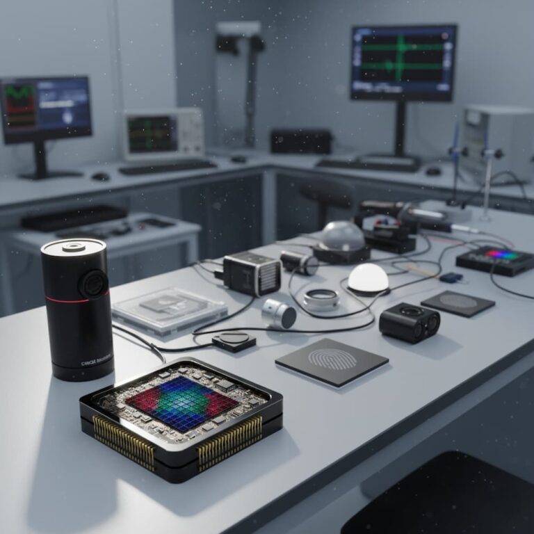 "میز آزمایشگاه با مجموعه‌ای از سنسورهای مختلف: تصویربرداری، حرارتی، تشخیص اثر انگشت، و دما."