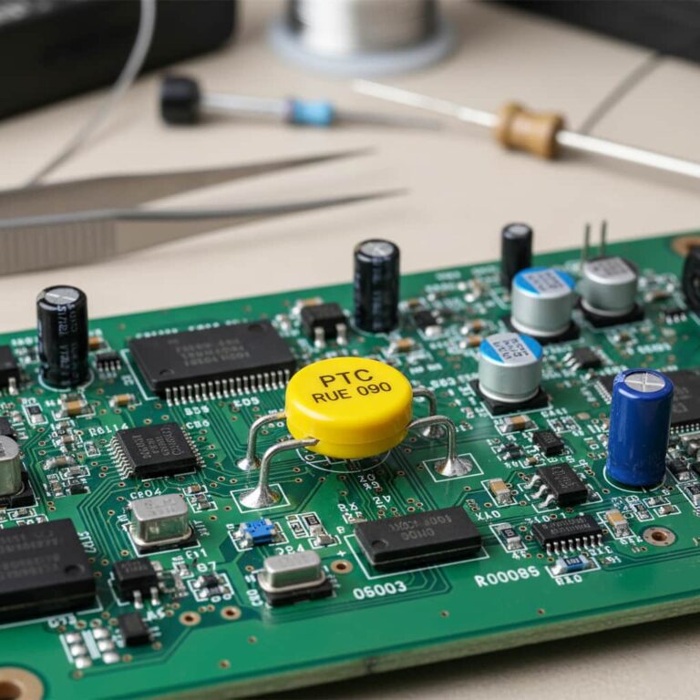 فیوز ریست پذیر زرد رنگ روی برد الکترونیکی