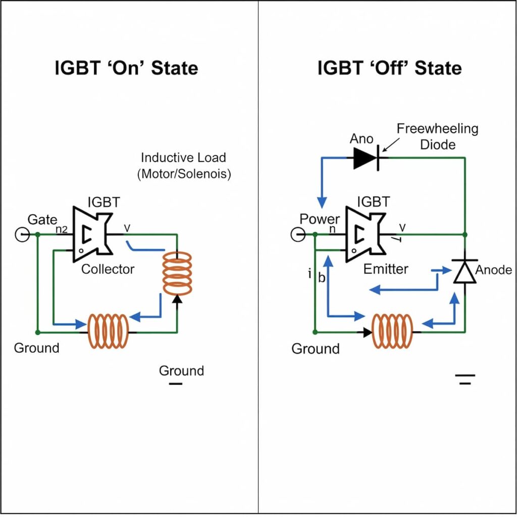 تصویر شماتیک IGBT به همراه دیود هرزگرد برای حفاظت در برابر جریان معکوس در مدارهای قدرت