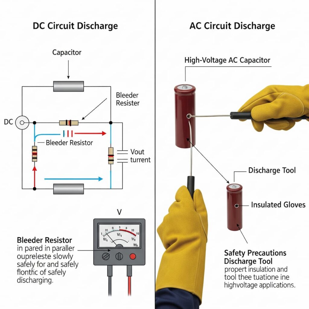 نمودار و مراحل تخلیه ایمن خازن در مدارهای AC و DC با نکات ایمنی