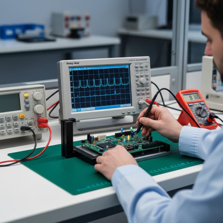 تست عملکرد برد مونتاژ شده با اسیلوسکوپ و عیب‌یابی نقاط ضعف برای اطمینان از کیفیت.