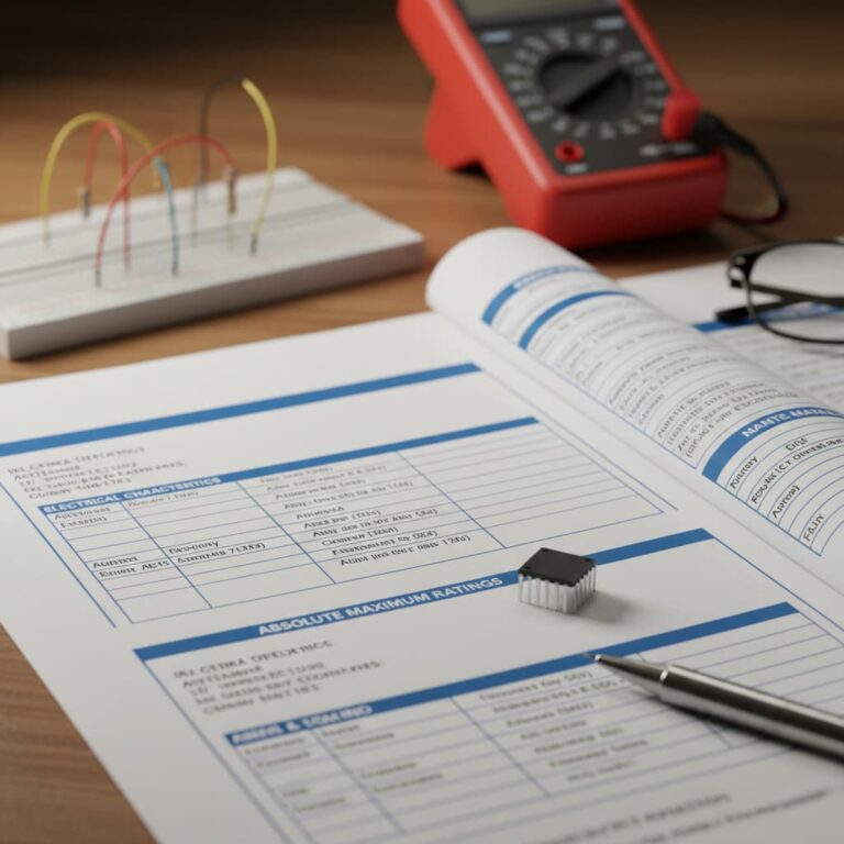 دیتا شیت قطعات الکترونیکی، میکروکنترلر و مولتی‌متر روی میز مهندس الکترونیک.