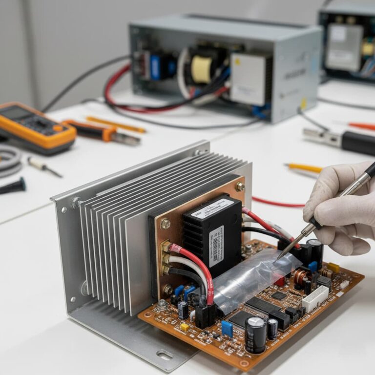 ماژول IGBT در داخل اینورتر، کنترل جریان و فرکانس موتور سه فاز صنعتی.