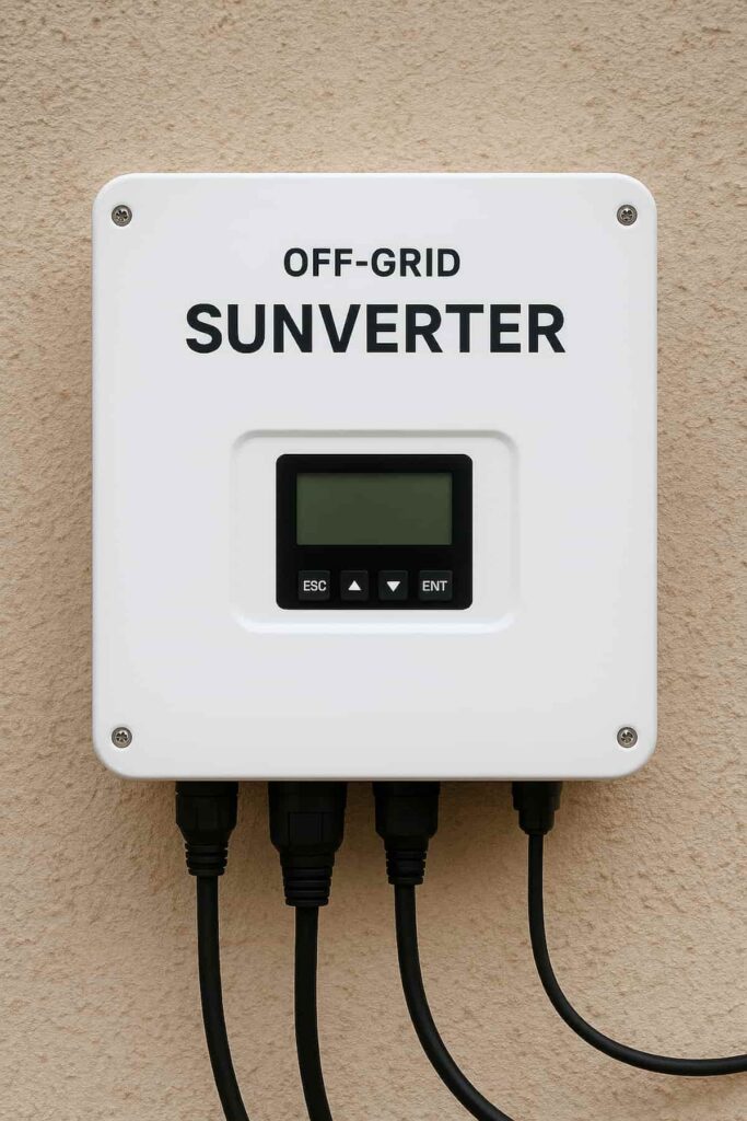 اینورتر خورشیدی آف‌گرید (Off-Grid Sunverter) متصل به پنل خورشیدی و باتری برای تأمین برق مستقل از شبکه برق شهری