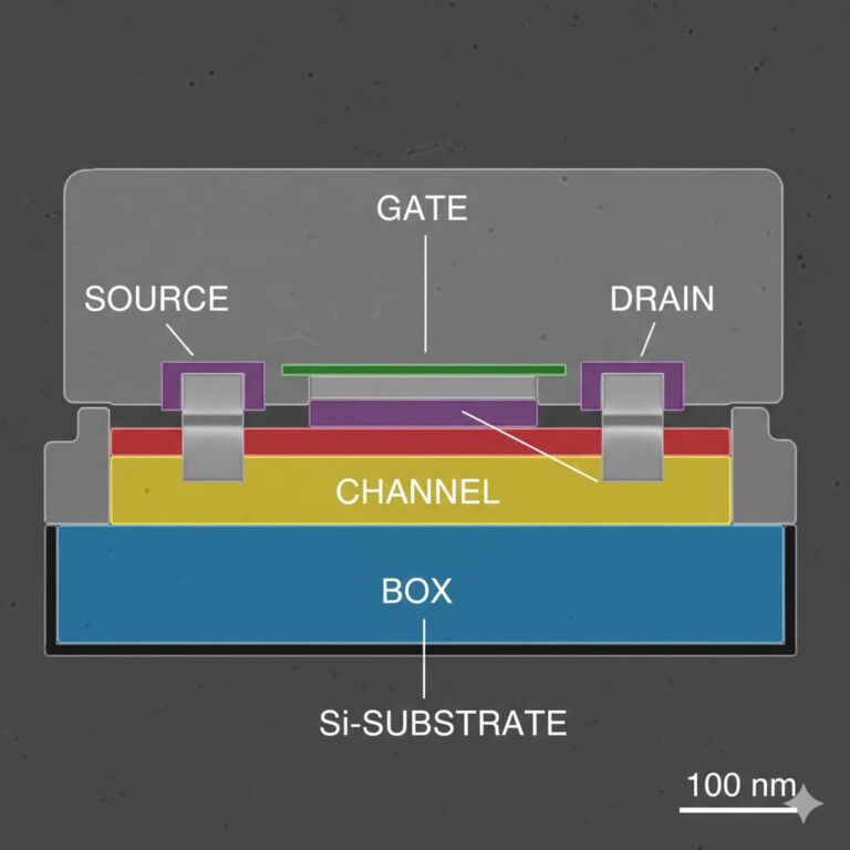 ساختار برش عرضی SOI MOSFET با سورس، گیت، درین و باکس عایق.