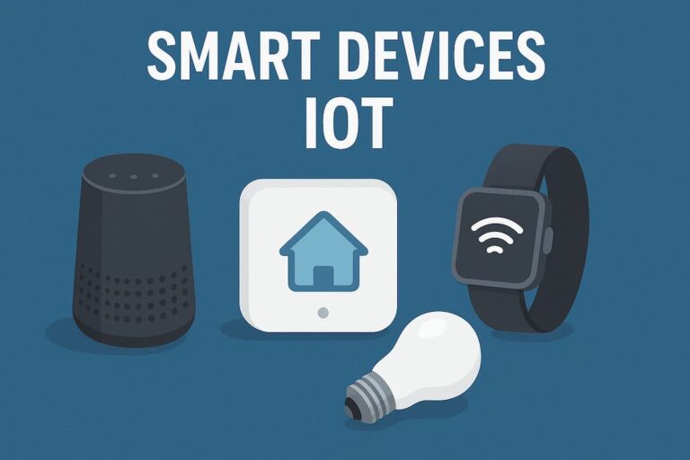 تصویر ایزومتریک تجهیزات هوشمند و IoT شامل لامپ، ساعت و هاب خانه هوشمند.