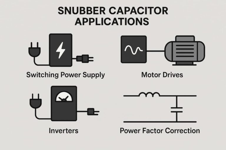 اینفوگرافی کاربردهای خازن اسنابر در منبع تغذیه، موتور، اینورتر و اصلاح توان.