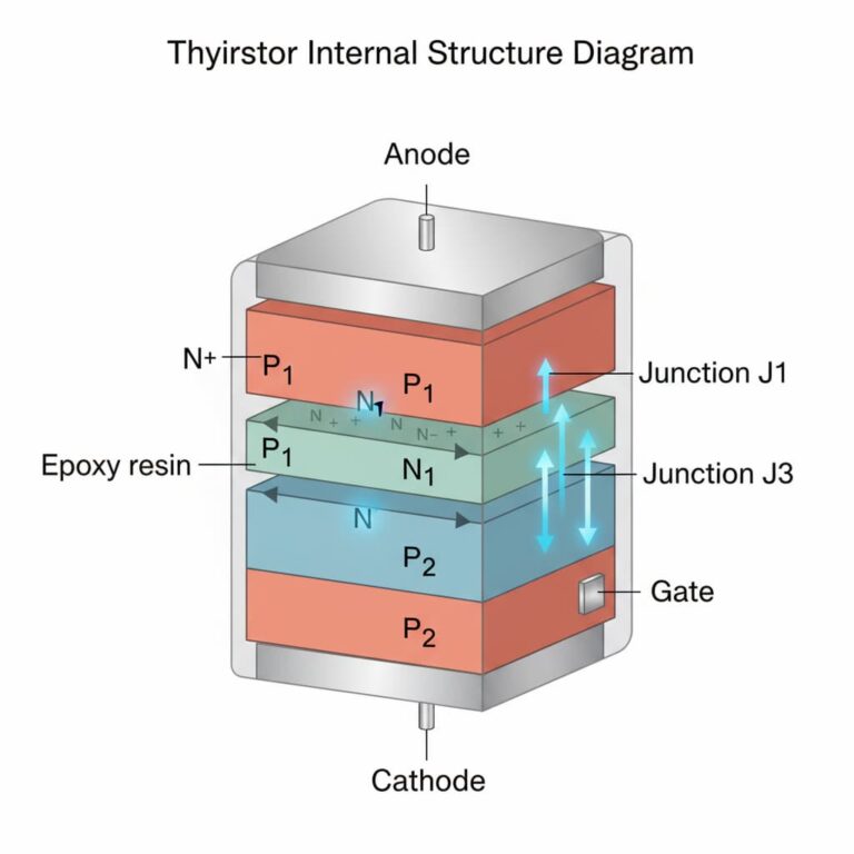 نمودار لایه‌های نیمه‌رسانا P-N-P-N، آند، کاتد، و گیت (ساختار تریستور).