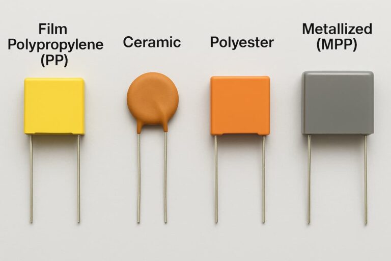 نمای نزدیک چهار نوع خازن اسنابر PP، سرامیکی، پلی‌استر و متالیزه MPP کنار هم.
