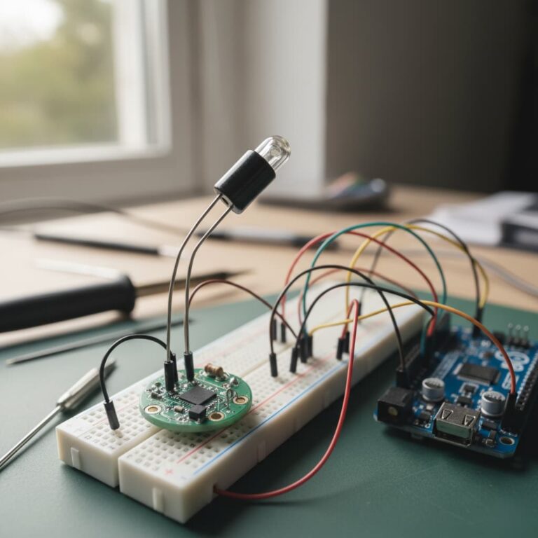 سنسور آنالوگ روی برد بورد متصل به آردوینو برای پروژه‌های مدارهای الکترونیکی.