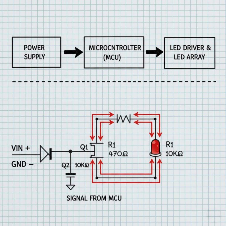 ترکیب بلوک دیاگرام و شماتیک دقیق مدار الکترونیکی برای نمایش عملکرد کلی و جزئیات اجزاء.