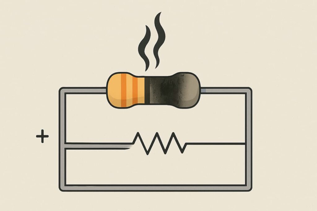 مقاومت سوخته در مدار الکترونیکی با دود و تغییر رنگ ناشی از حرارت