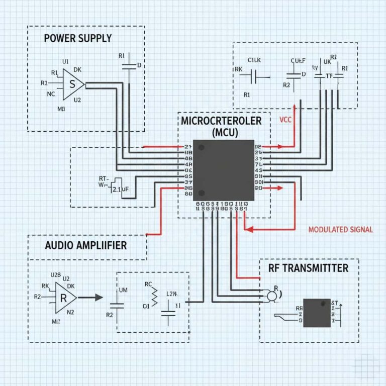 بلوک دیاگرام عملکردی مدار الکترونیکی شامل بخش‌های تغذیه، تقویت کننده و فیلتر سیگنال.