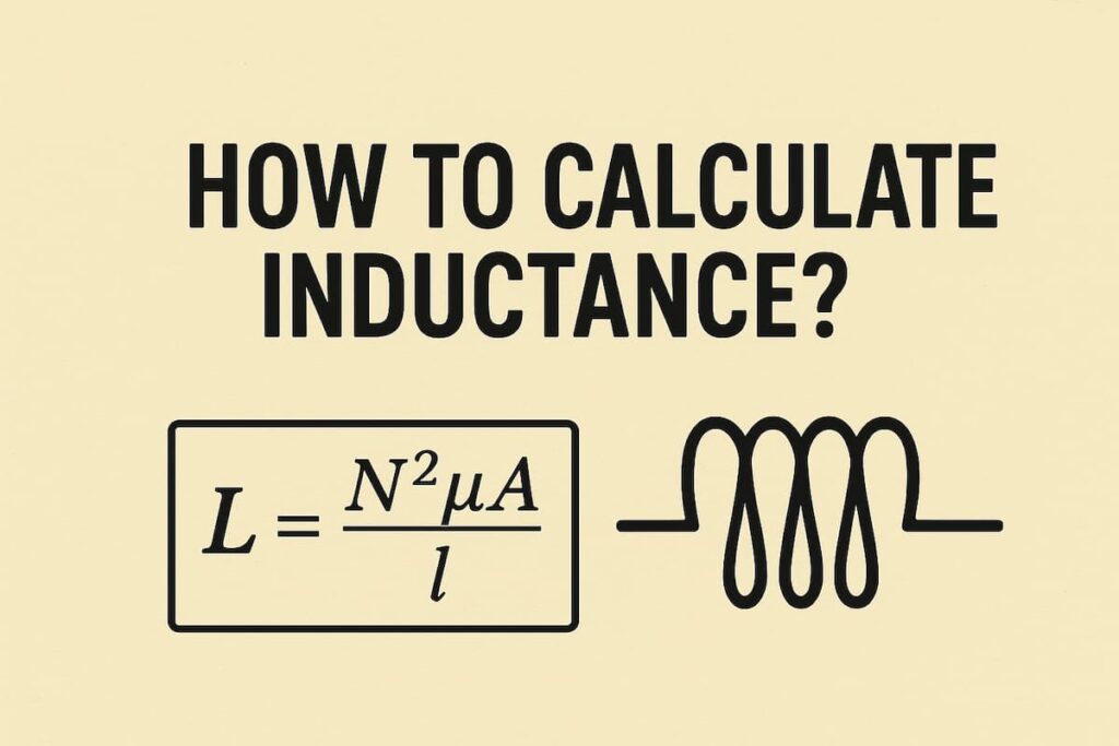 فرمول محاسبه اندوکتانس سلف به همراه نماد مدار الکتریکی روی پس‌زمینه ساده.
