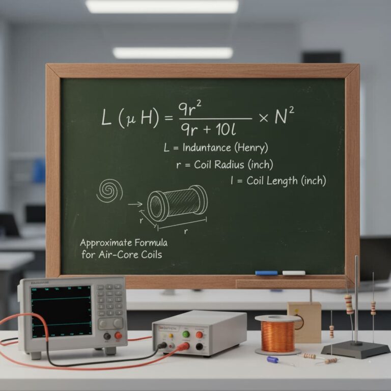 تصویر تخته سیاه با فرمول اندوکتانس کویل سلف هوایی تک لایه.