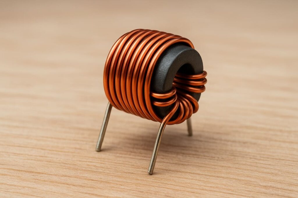 سلف مسی با هسته فریت روی میز چوبی برای آموزش و کاربرد الکترونیکی.