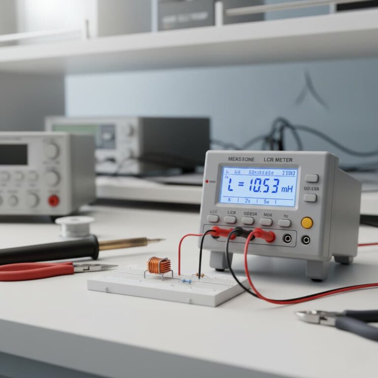 تصویر دستگاه LCR متر که مقدار سلف (اندوکتانس) را اندازه‌گیری می‌کند.