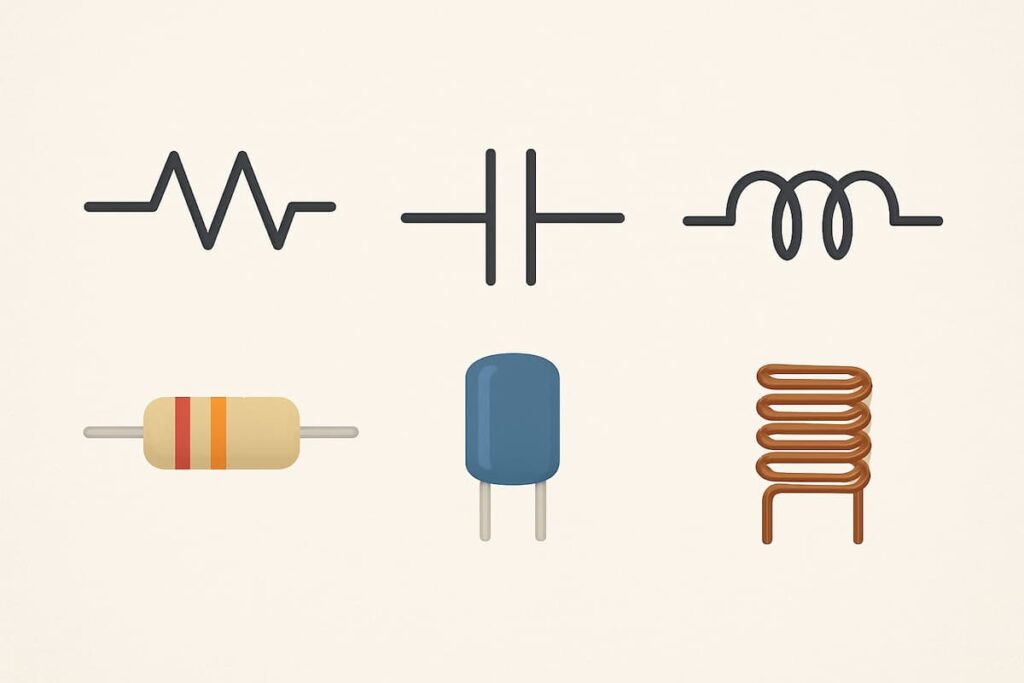مقایسه تصویری مقاومت، خازن و سلف همراه با نماد و شکل فیزیکی.