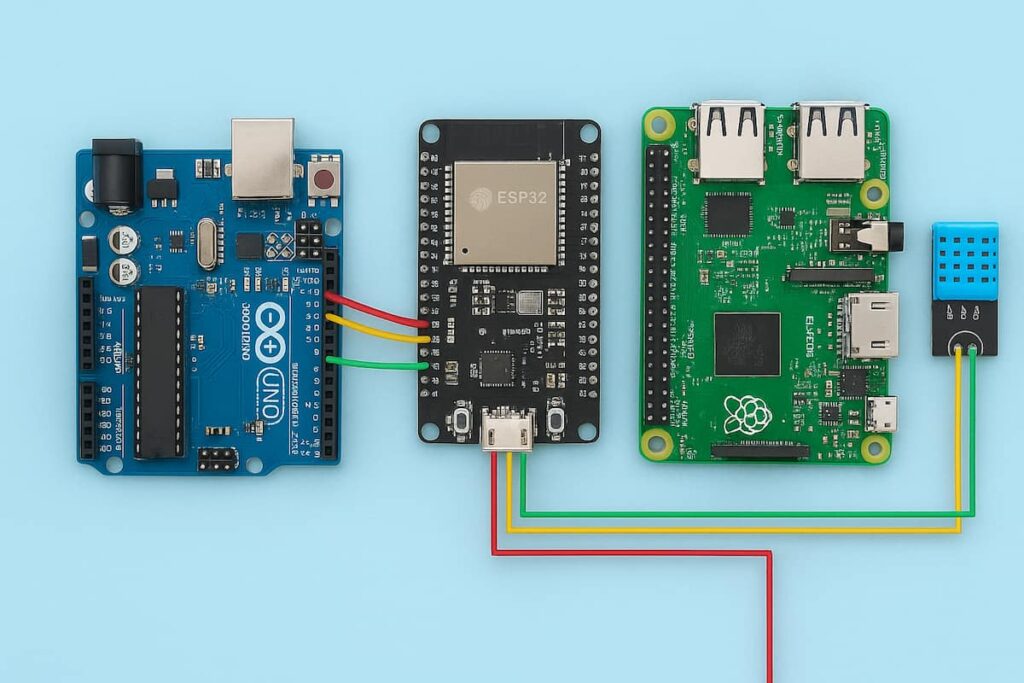تصویری از اتصال سنسور به بردهای Arduino، ESP32 و Raspberry Pi با پروتکل‌های ارتباطی