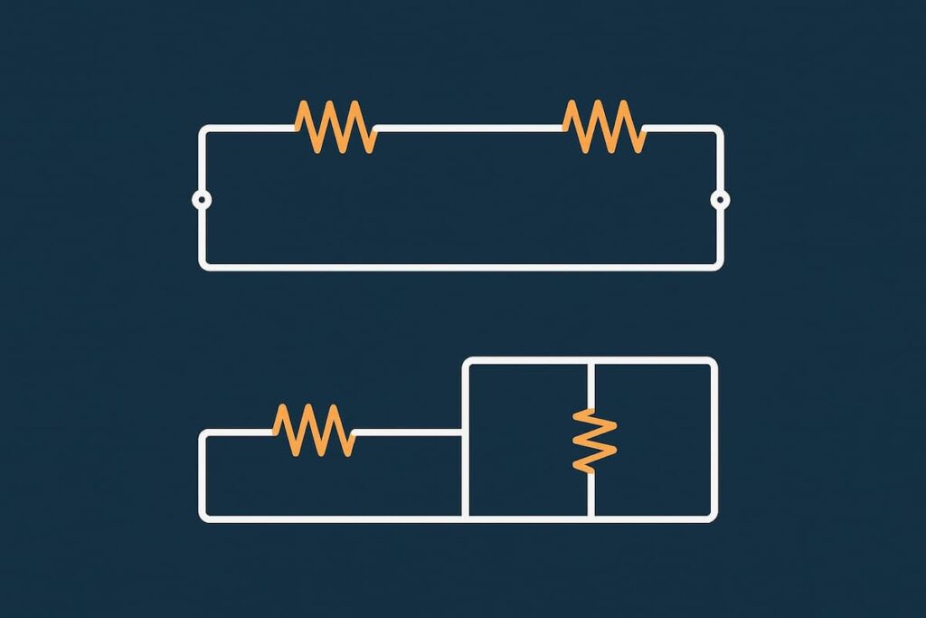 مدارهای مقاومت سری و موازی با نمایش دقیق مسیر جریان و اتصالات الکتریکی