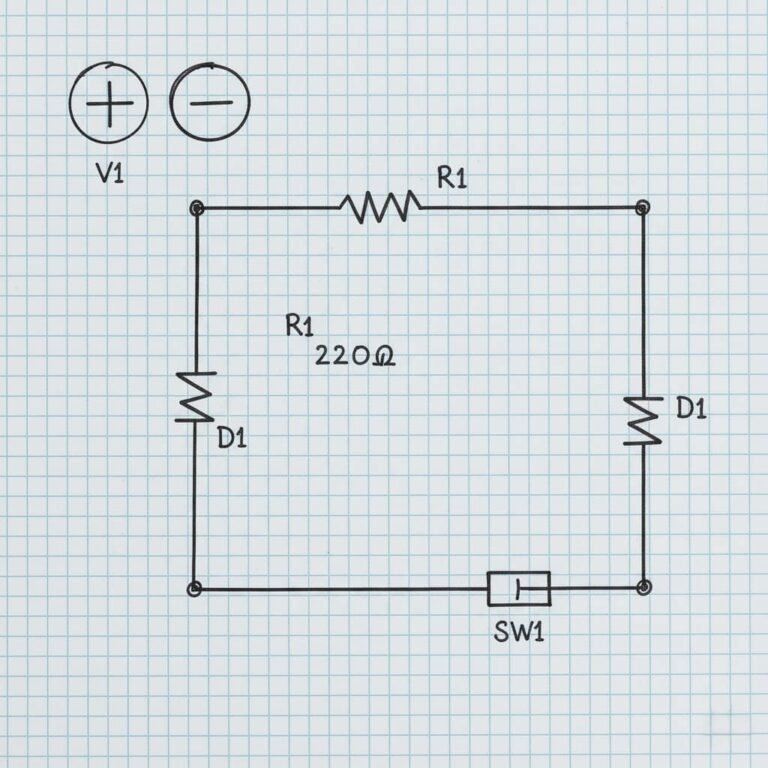 نمودار شماتیک ساده مدار LED با مقاومت، سوئیچ و منابع تغذیه.