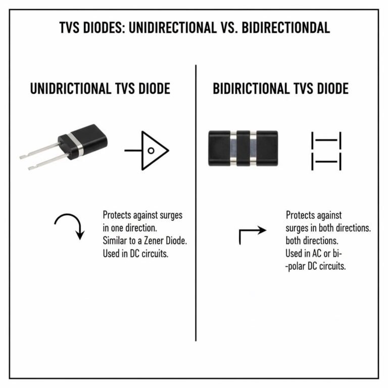 نمادهای دیود TVS یک جهته و دو جهته برای حفاظت ولتاژ گذرا در مدار.