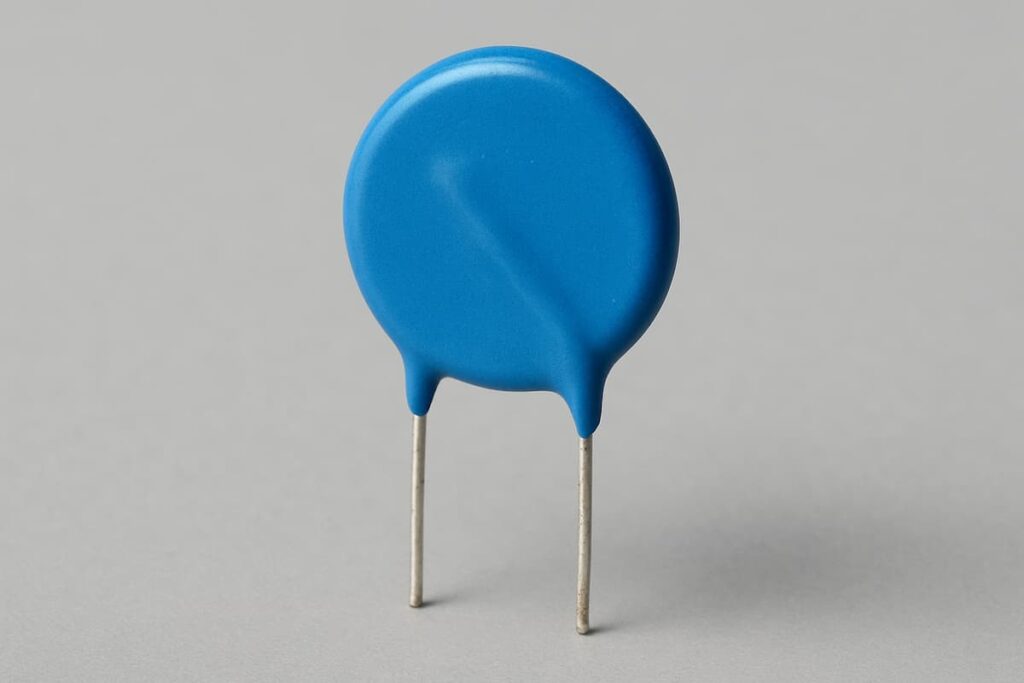 تصویر کلوزآپ واریستور آبی رنگ با دو پایه فلزی، محافظ مؤثر مدارهای الکترونیکی در برابر ولتاژ اضافی