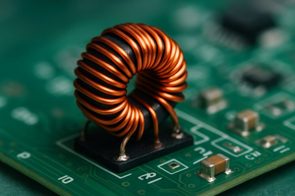 سلف سیم‌پیچی روی برد الکترونیکی با نمای نزدیک، تست سلف و عیب‌یابی مدار