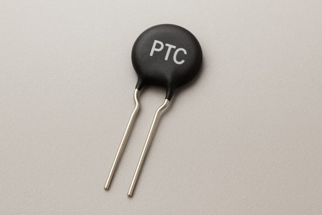 ترمیستور PTC واقعی با پایه فلزی و بدنه سیاه رنگ
