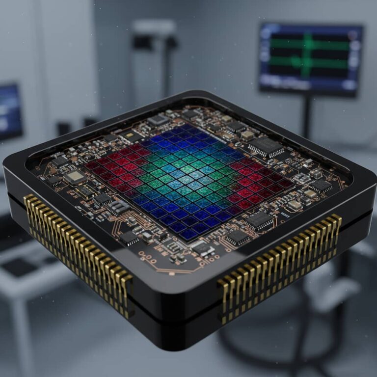 سنسور تصویر CMOS دیجیتال پیشرفته، چیپ الکترونیکی با پیکسل‌های رنگی (قرمز، سبز، آبی)