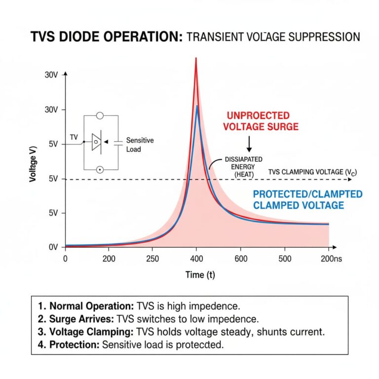 نمودار عملکرد دیود TVS در مهار سریع نوسانات ولتاژ گذرا برد.