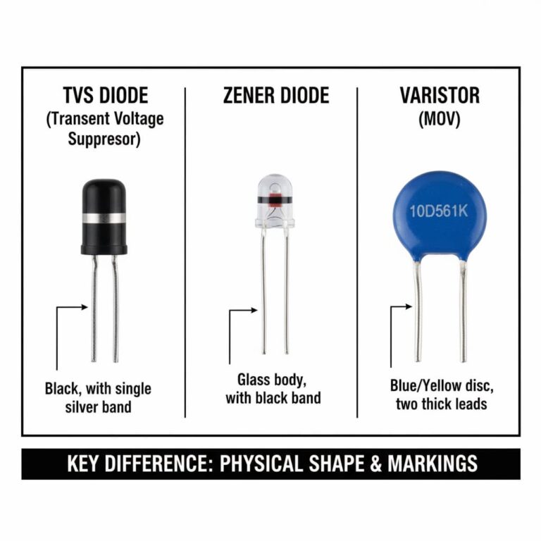 تفاوت ظاهری سه قطعه حفاظت الکترونیکی: دیود TVS، دیود زنر و واریستور.