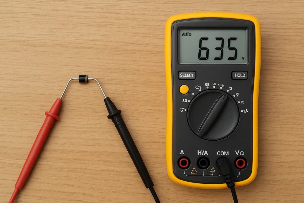 تست دیود با مولتی‌متر دیجیتال روی میز چوبی برای بررسی سلامت دیود