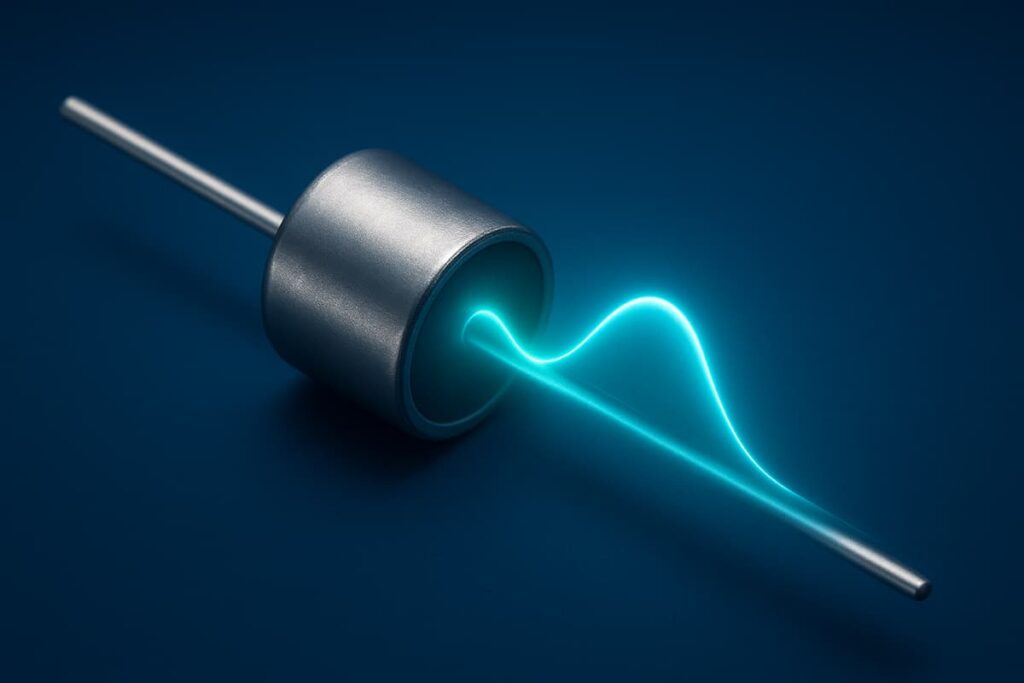 تصویر دیود تونلی با نمایش تونل‌زنی کوانتومی و ساختار فلزی برای فرکانس‌بالا