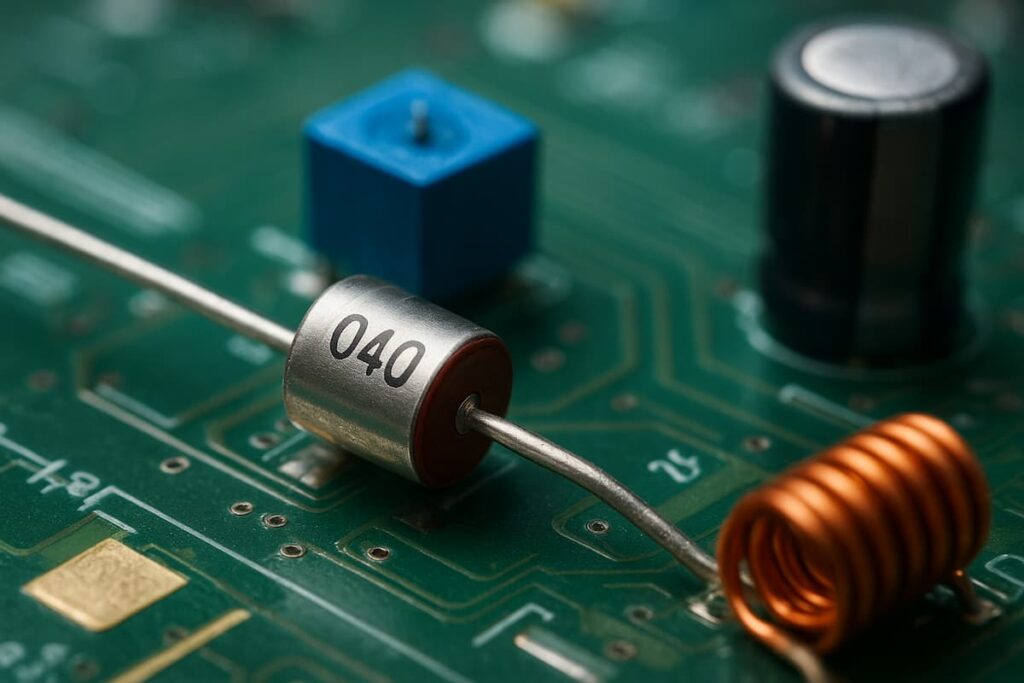 نمای نزدیک دیود واریکاپ روی برد الکترونیکی برای تیونینگ و مدارهای RF